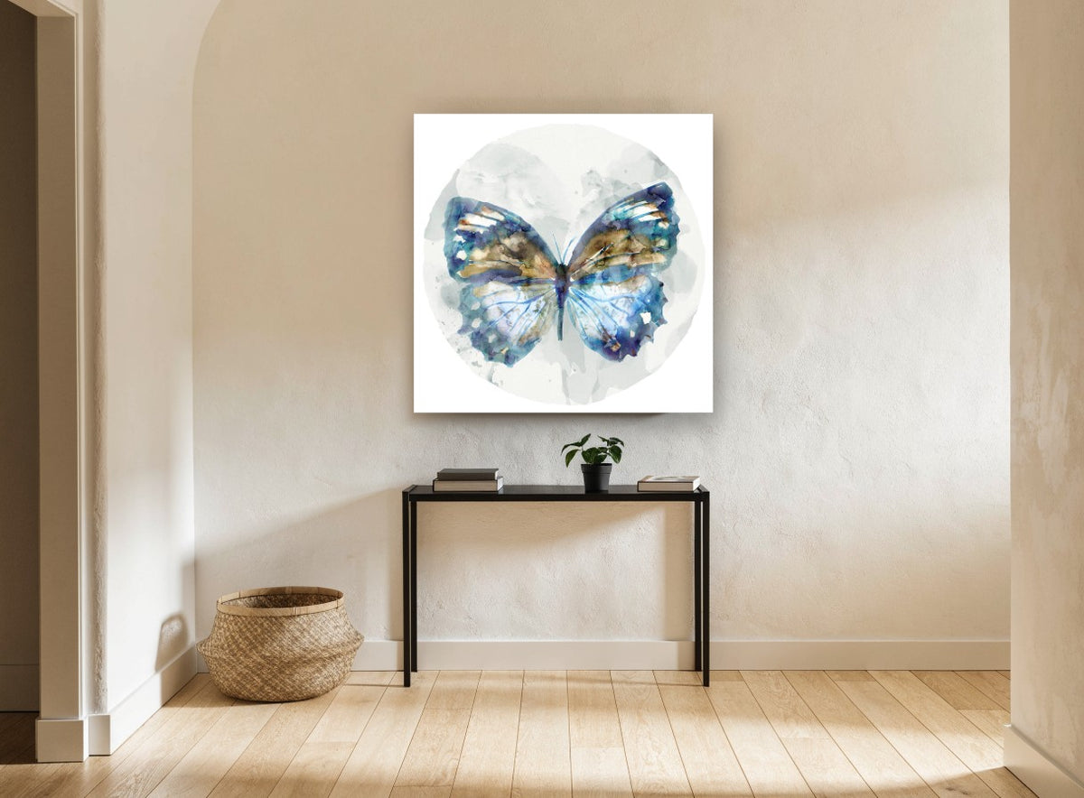 Indigo Moon Butterfly floral canvas print on the wall of a hallway