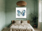 Indigo Wing Circle floral canvas print on the wall of a bedroom