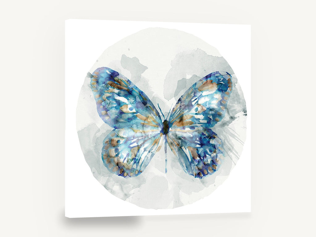 Indigo Wing Circle, blue butterfly watercolour circle, floral canvas wall art print ready to hang