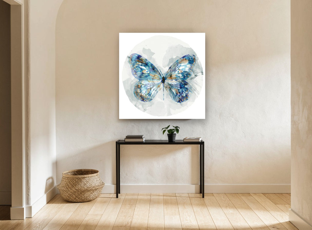 Indigo Wing Circle floral canvas print on the wall of a hallway