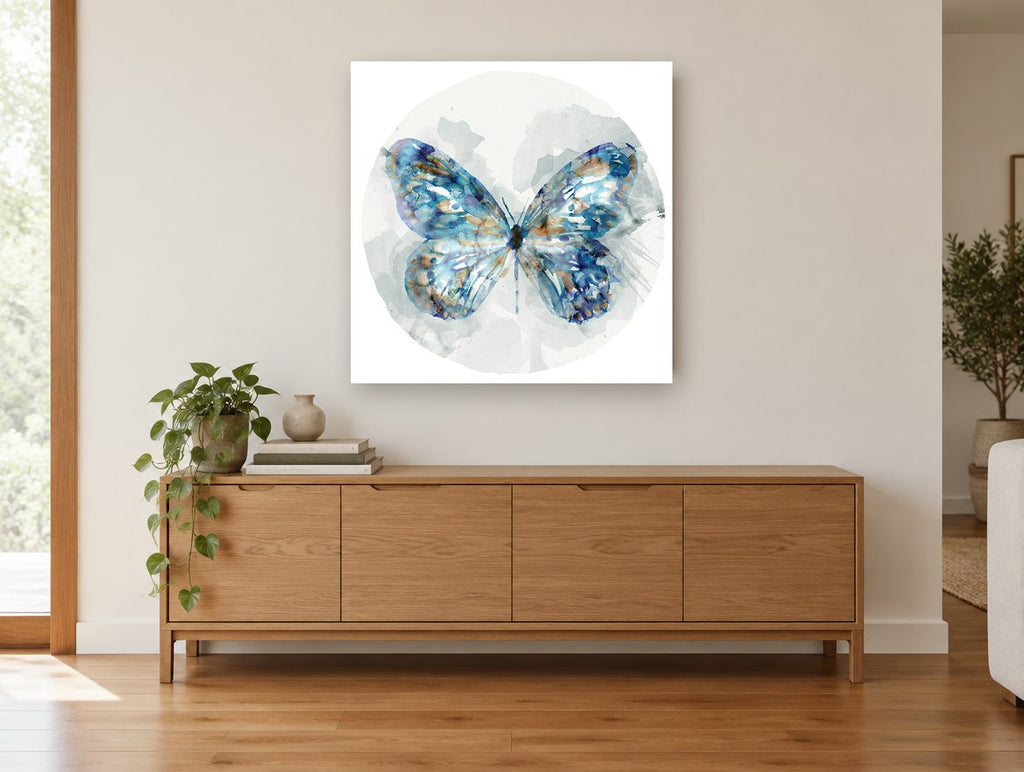 Indigo Wing Circle floral canvas print on the wall of a living room above a sideboard