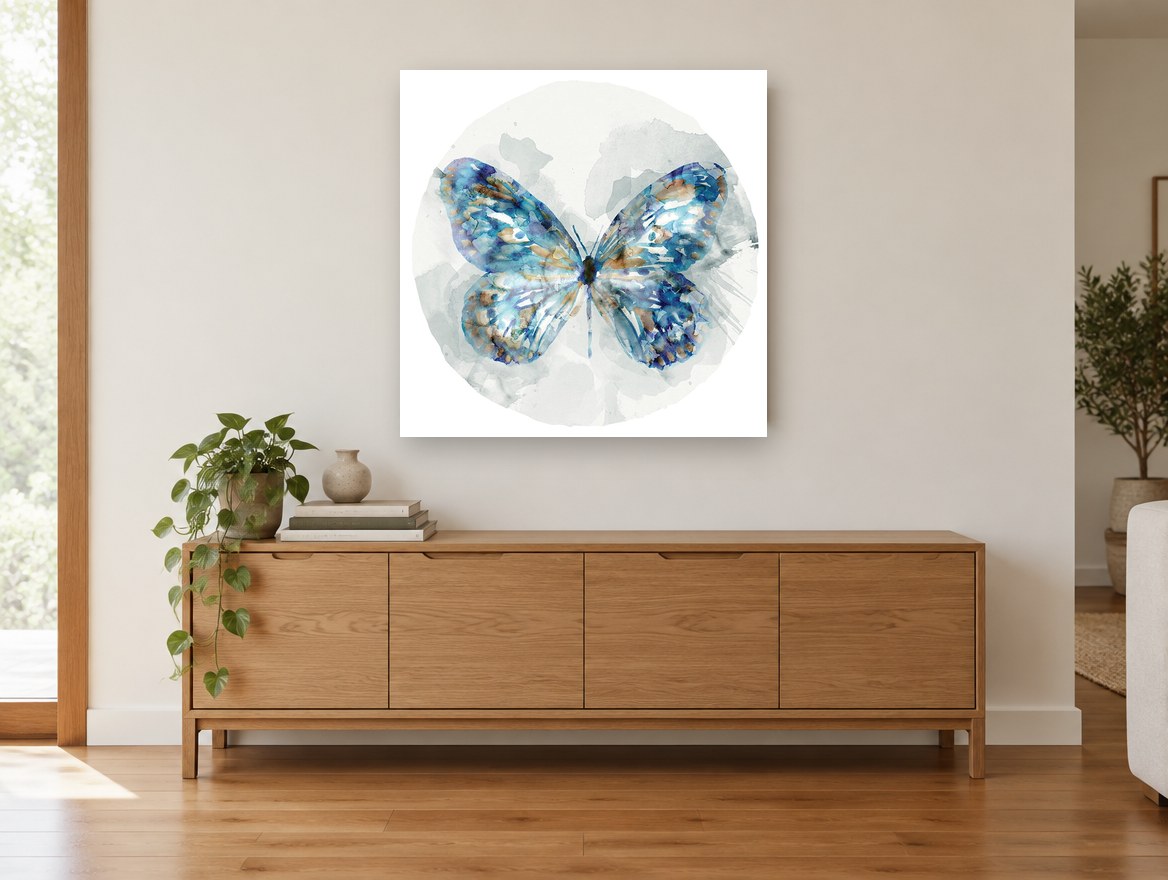 Indigo Wing Circle floral canvas print on the wall of a living room above a sideboard