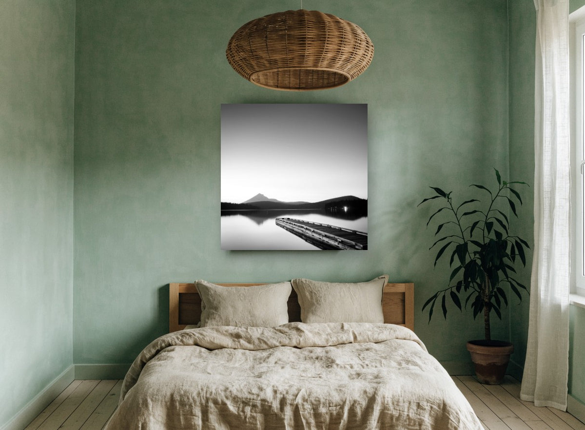 Misty Peak Twilight Jetty landscape canvas print on the wall of a bedroom