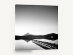Misty Peak Twilight Jetty, black and white lake jetty photograph, landscape canvas wall art print ready to hang