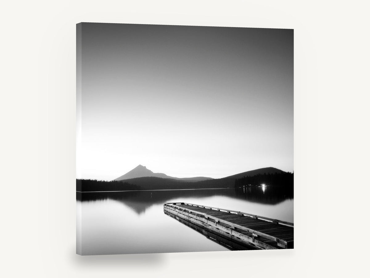 Misty Peak Twilight Jetty, black and white lake jetty photograph, landscape canvas wall art print ready to hang