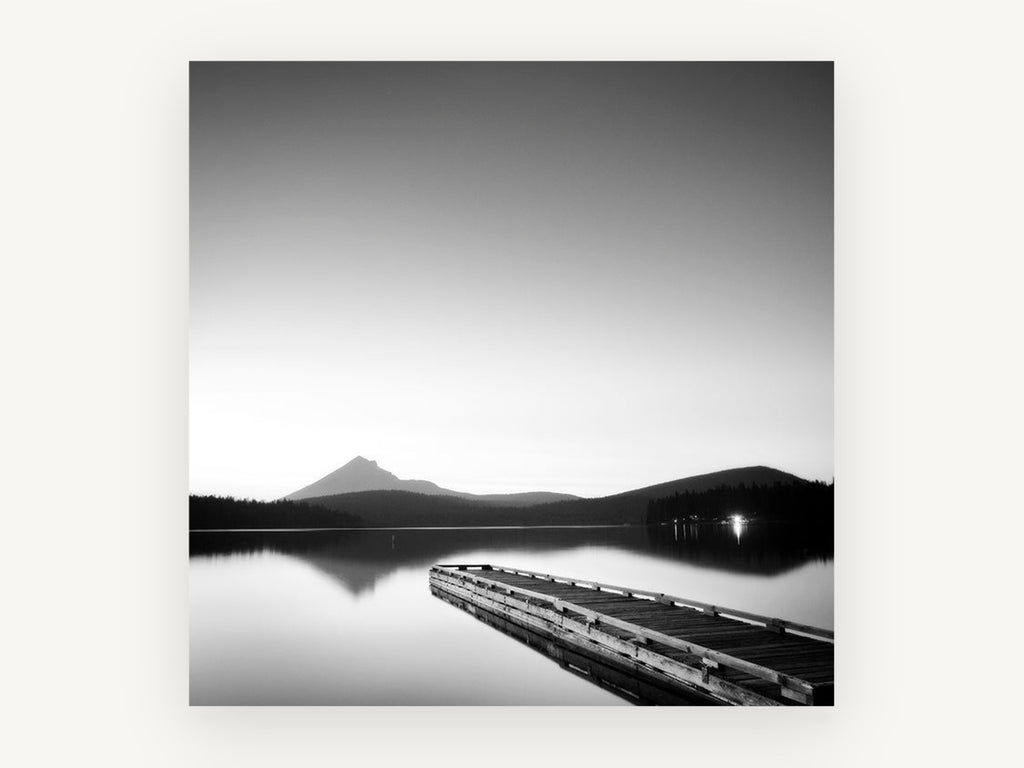 Misty Peak Twilight Jetty, black and white lake jetty photograph, landscape canvas wall art print, front view