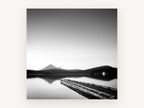 Misty Peak Twilight Jetty, black and white lake jetty photograph, landscape canvas wall art print, front view