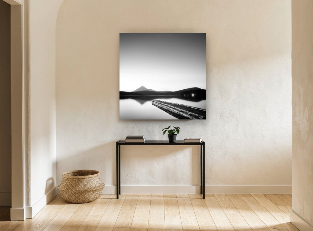 Misty Peak Twilight Jetty landscape canvas print on the wall of a hallway