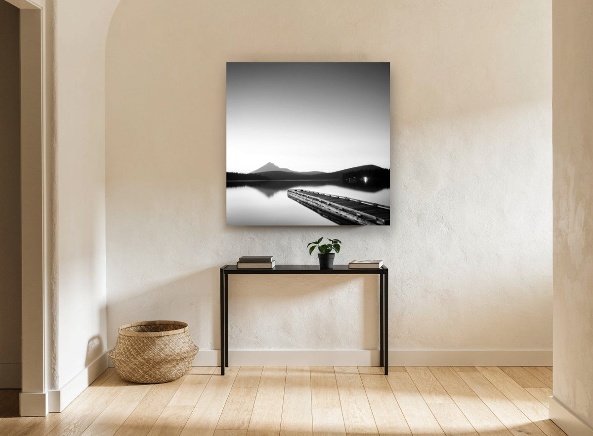 Misty Peak Twilight Jetty landscape canvas print on the wall of a hallway