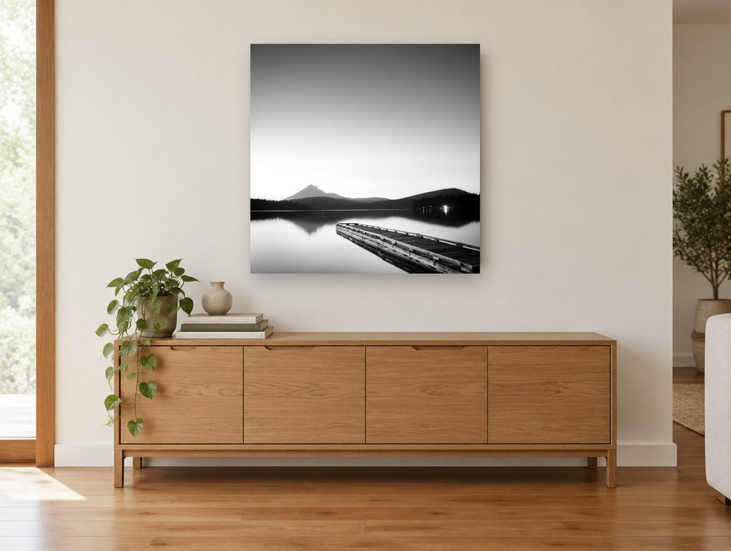 Misty Peak Twilight Jetty landscape canvas print on the wall of a living room above a sideboard