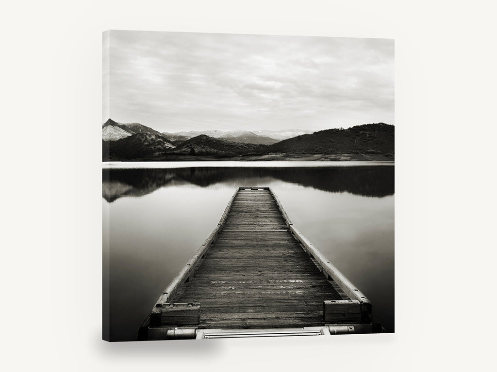 Snowcap Mirror Jetty, black and white jetty lake photograph, landscape canvas wall art print ready to hang
