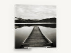 Snowcap Mirror Jetty, black and white jetty lake photograph, landscape canvas wall art print ready to hang