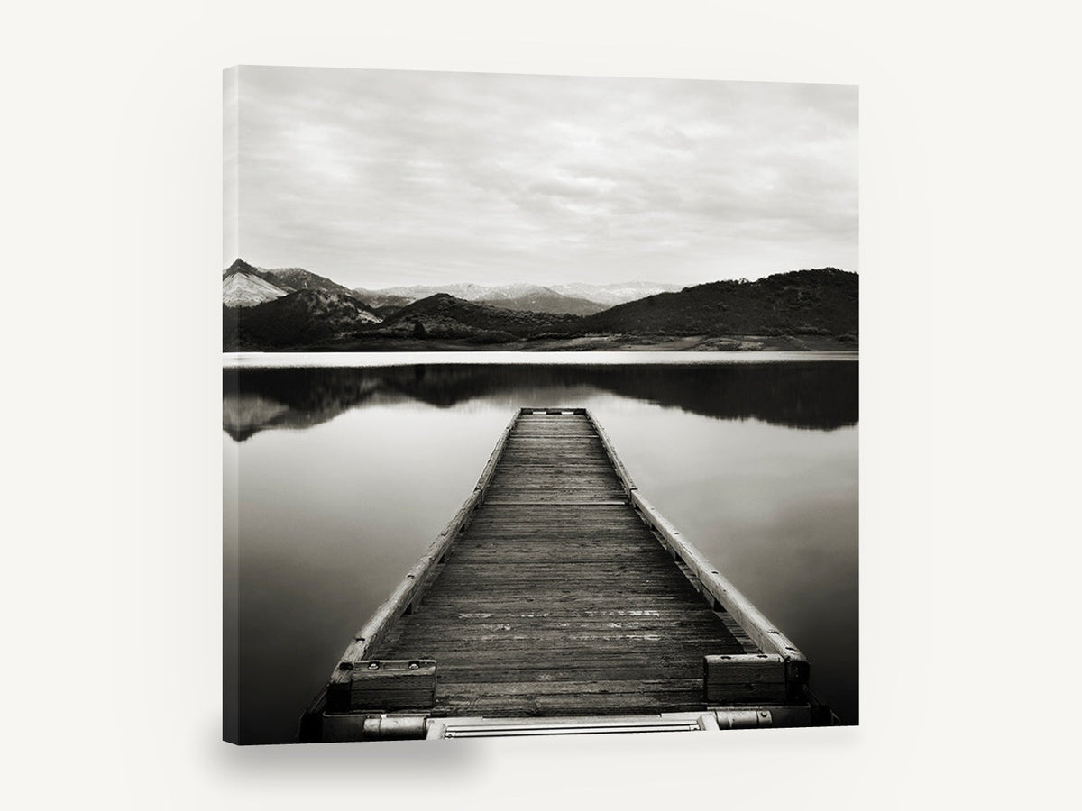 Snowcap Mirror Jetty, black and white jetty lake photograph, landscape canvas wall art print ready to hang