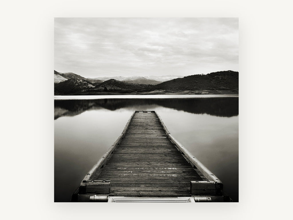 Snowcap Mirror Jetty, black and white jetty lake photograph, landscape canvas wall art print, front view