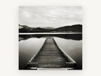 Snowcap Mirror Jetty, black and white jetty lake photograph, landscape canvas wall art print, front view