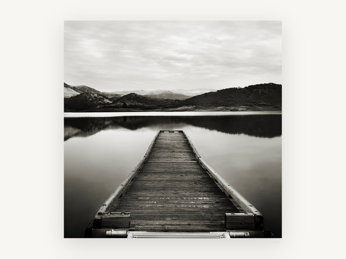 Snowcap Mirror Jetty, black and white jetty lake photograph, landscape canvas wall art print, front view