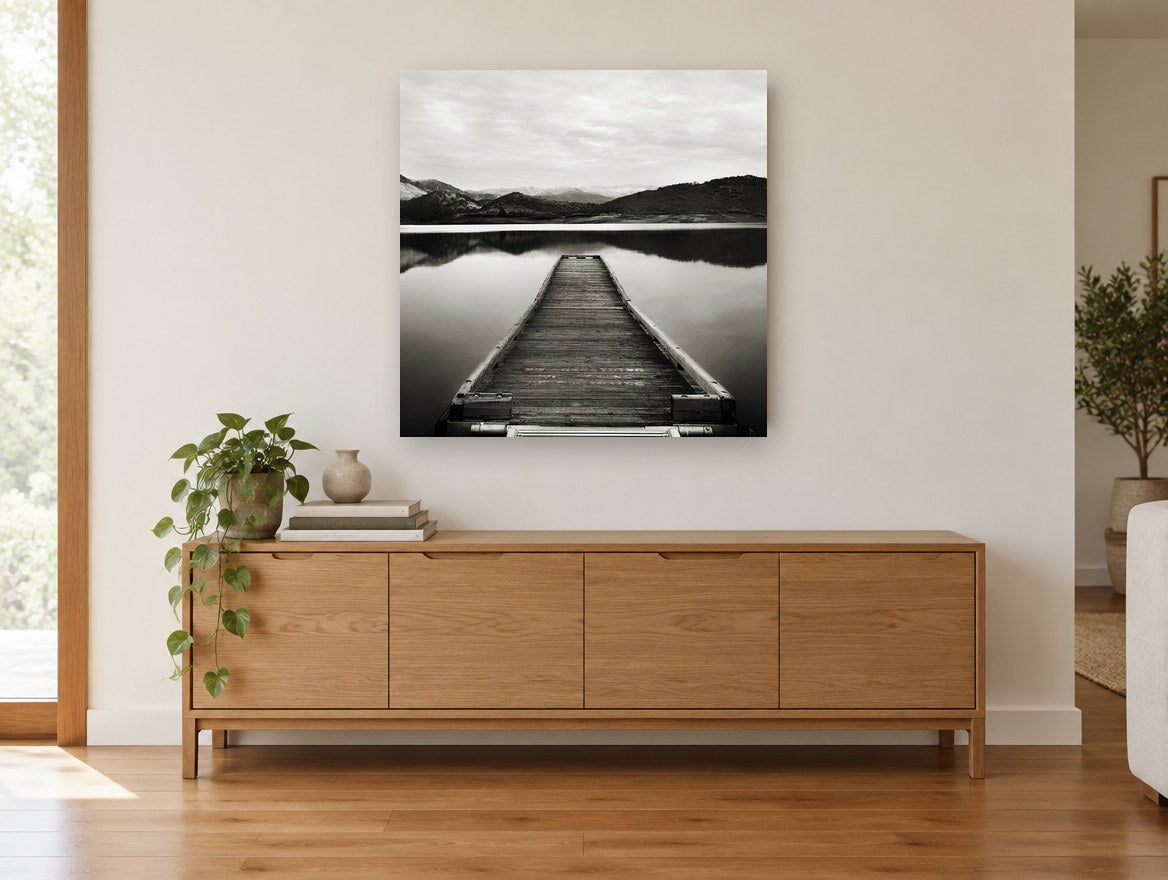 Snowcap Mirror Jetty landscape canvas print on the wall of a living room above a sideboard