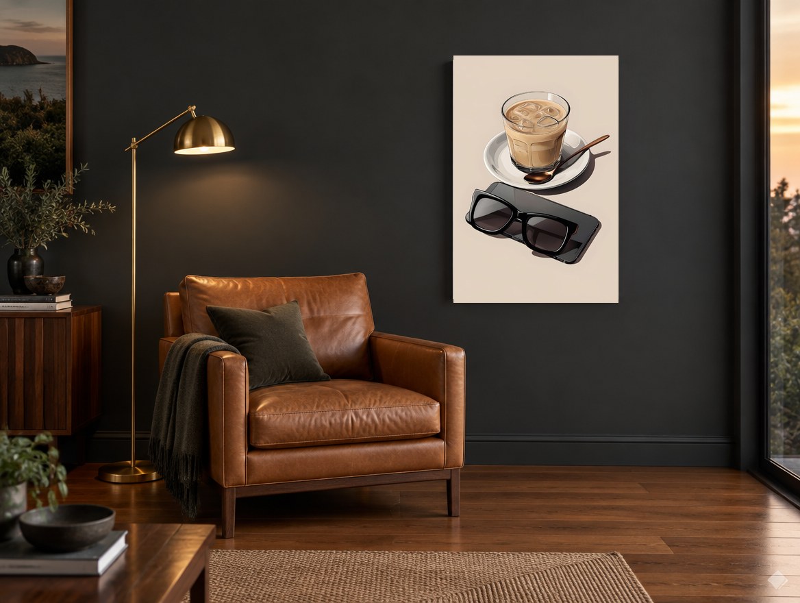 Iced Latte Break kitchen canvas print on the wall of a charcoal living room