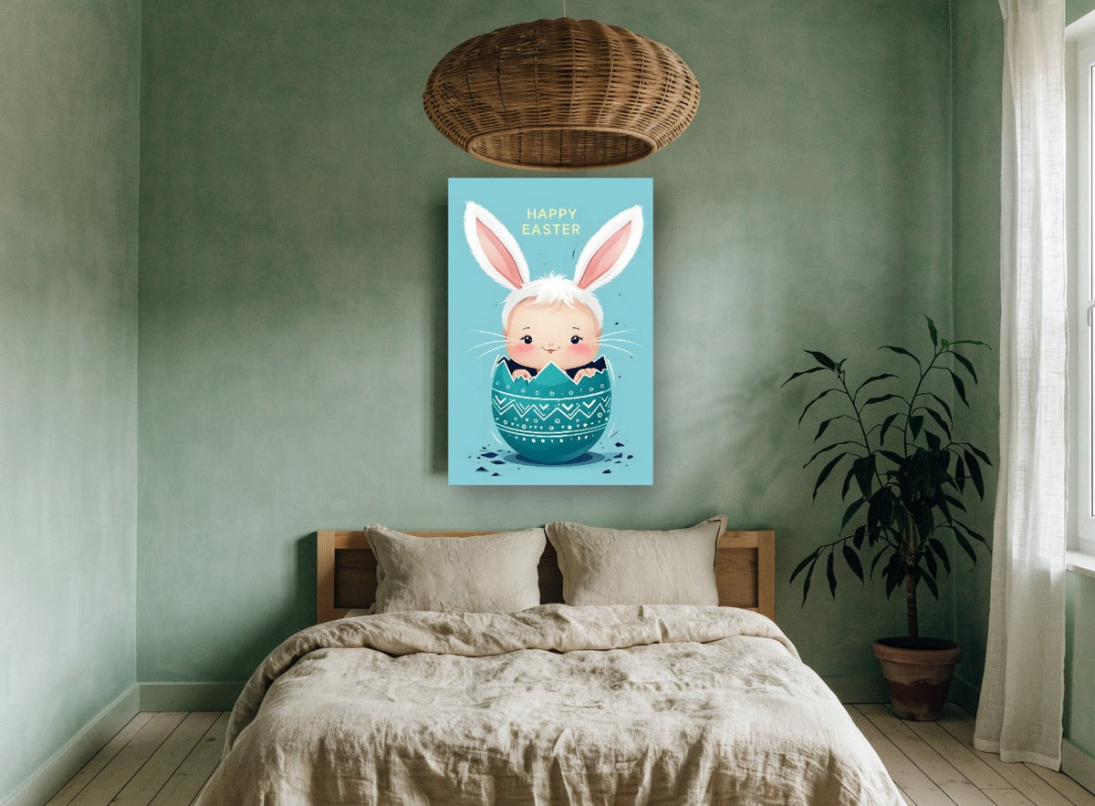 Egg Hatched Bunny Baby kids canvas print on the wall of a bedroom