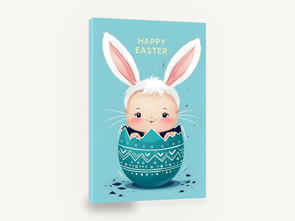 Egg Hatched Bunny Baby, blue easter bunny baby illustration, kids canvas wall art print ready to hang