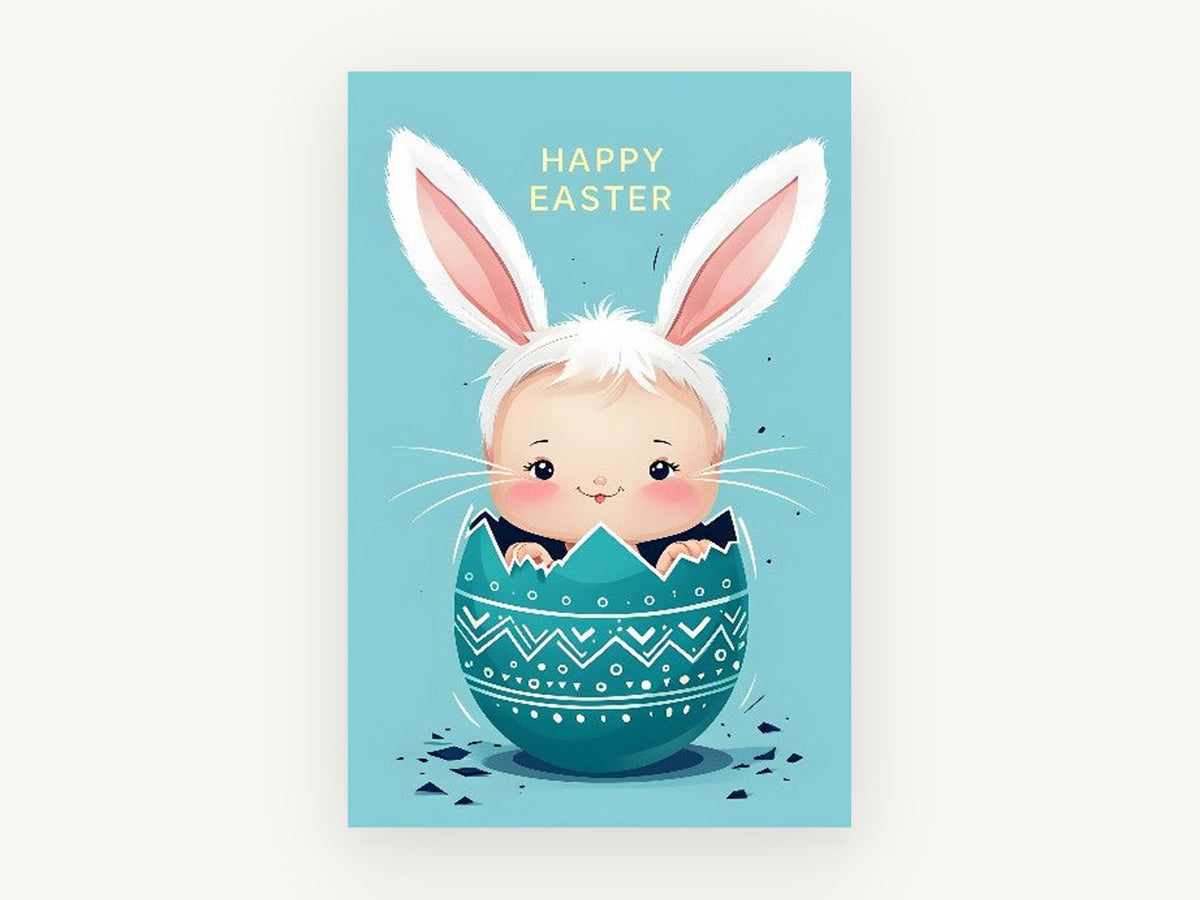 Egg Hatched Bunny Baby, blue easter bunny baby illustration, kids canvas wall art print, front view