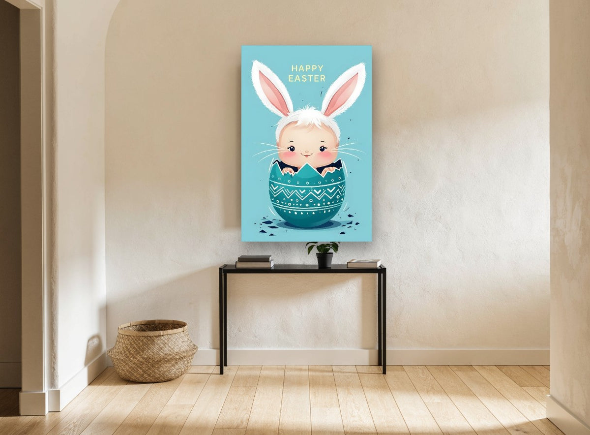 Egg Hatched Bunny Baby kids canvas print on the wall of a hallway