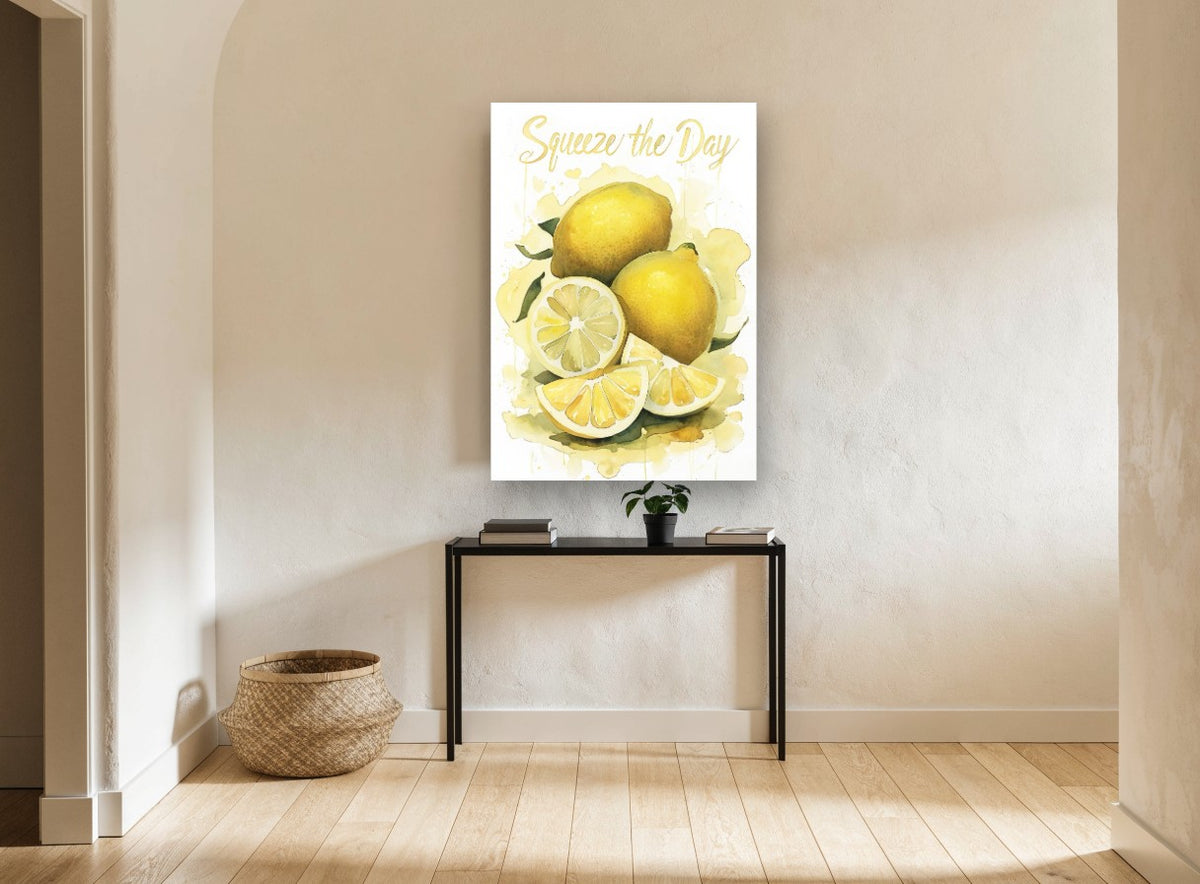 Squeeze the Day Lemons kitchen canvas print on the wall of a hallway