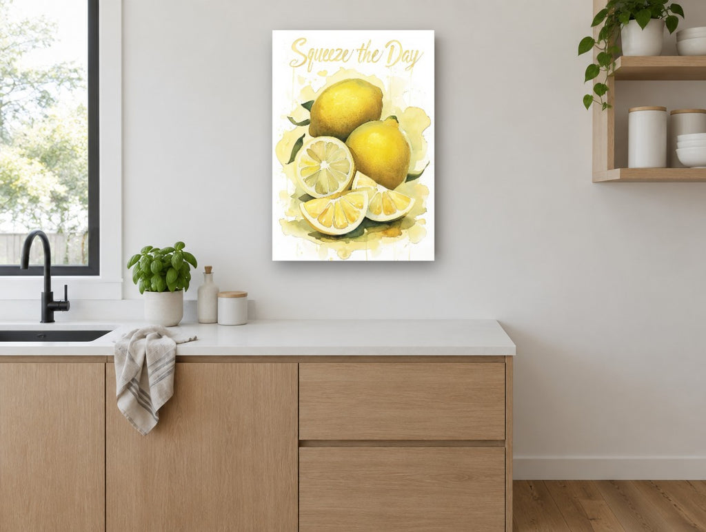 Squeeze the Day Lemons kitchen canvas print on the wall of a kitchen