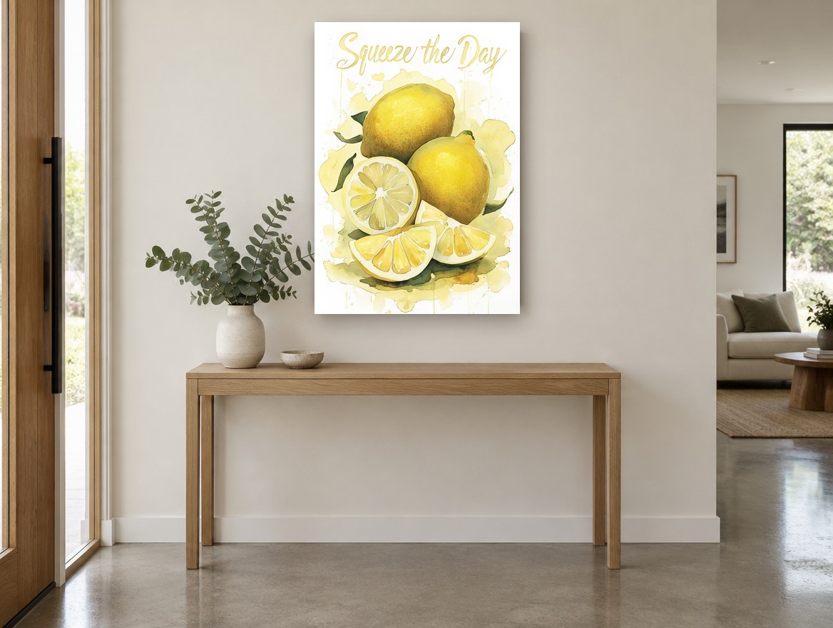 Squeeze the Day Lemons kitchen canvas print on the wall of a entry hall