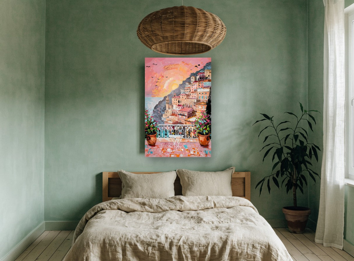 Positano Dusk Terrace coastal canvas print on the wall of a bedroom