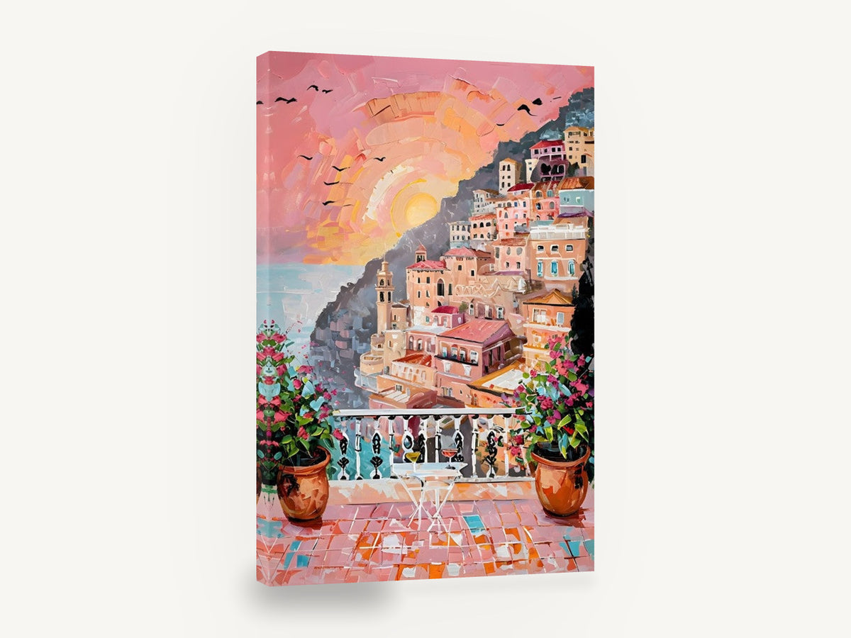 Positano Dusk Terrace, positano terrace sunset coastal village art, coastal canvas wall art print ready to hang