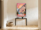 Positano Dusk Terrace coastal canvas print on the wall of a hallway