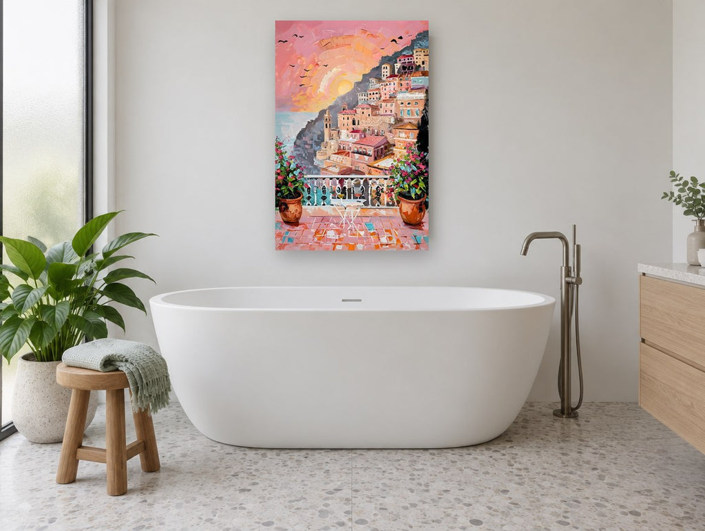 Positano Dusk Terrace coastal canvas print on the wall of a bathroom