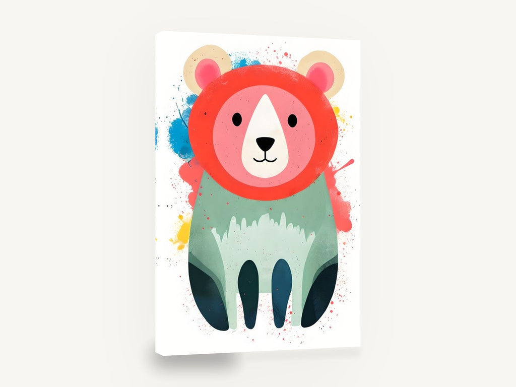 Splash Paint Bear, colourful bear nursery illustration, animal canvas wall art print ready to hang