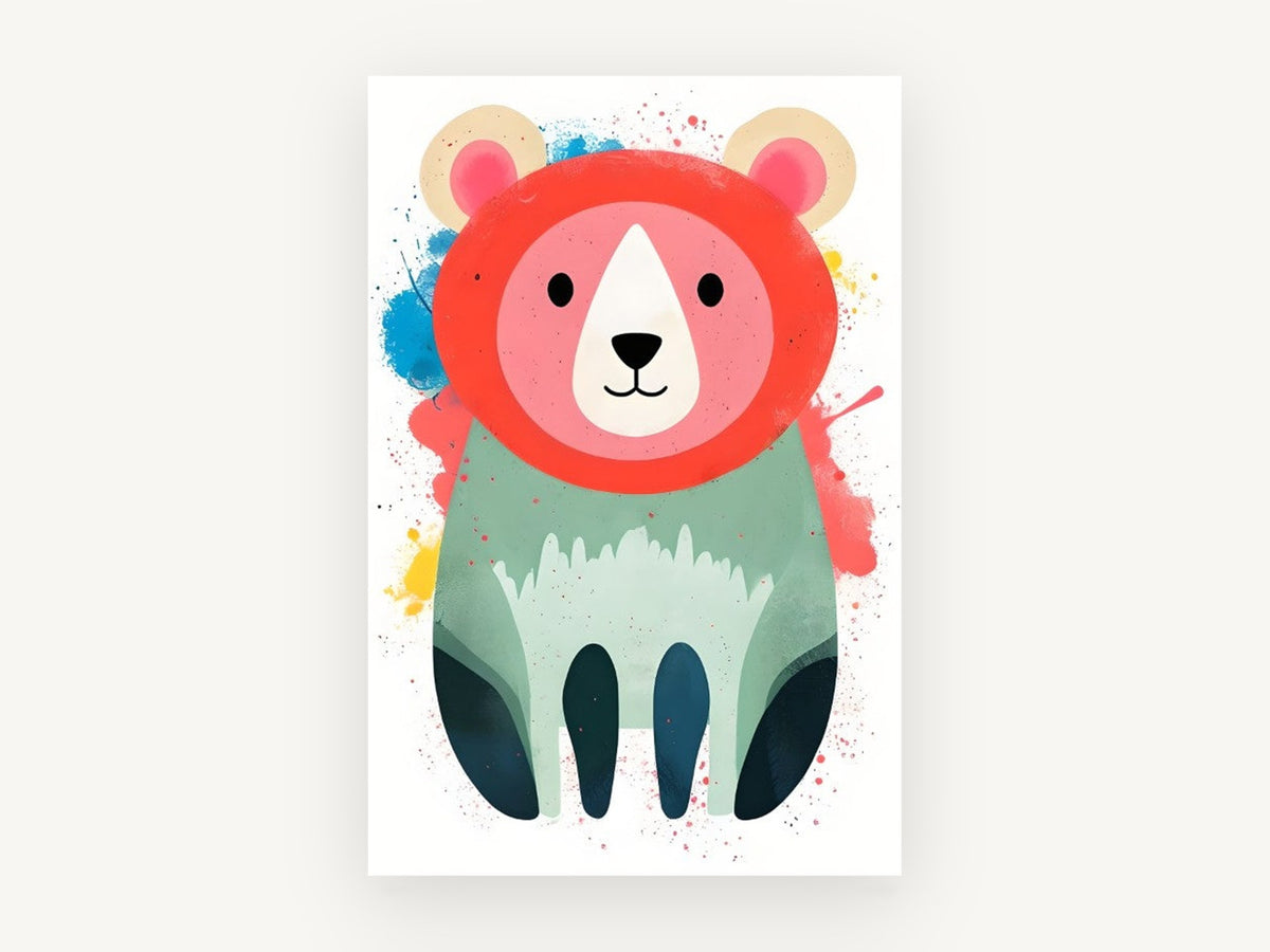 Splash Paint Bear, colourful bear nursery illustration, animal canvas wall art print, front view