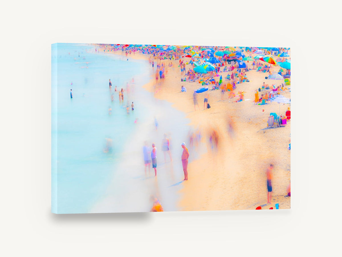 Crowded Summer Shoreline, busy beach umbrellas long exposure photograph, coastal canvas wall art print ready to hang