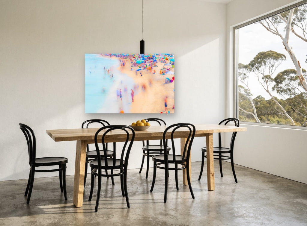 Crowded Summer Shoreline coastal canvas print on the wall of a dining room