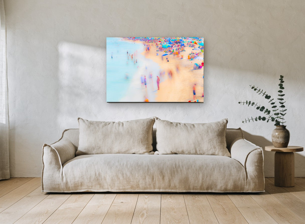 Crowded Summer Shoreline coastal canvas print on the wall of a living room