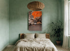 Orange Maple Waterfall floral canvas print on the wall of a bedroom