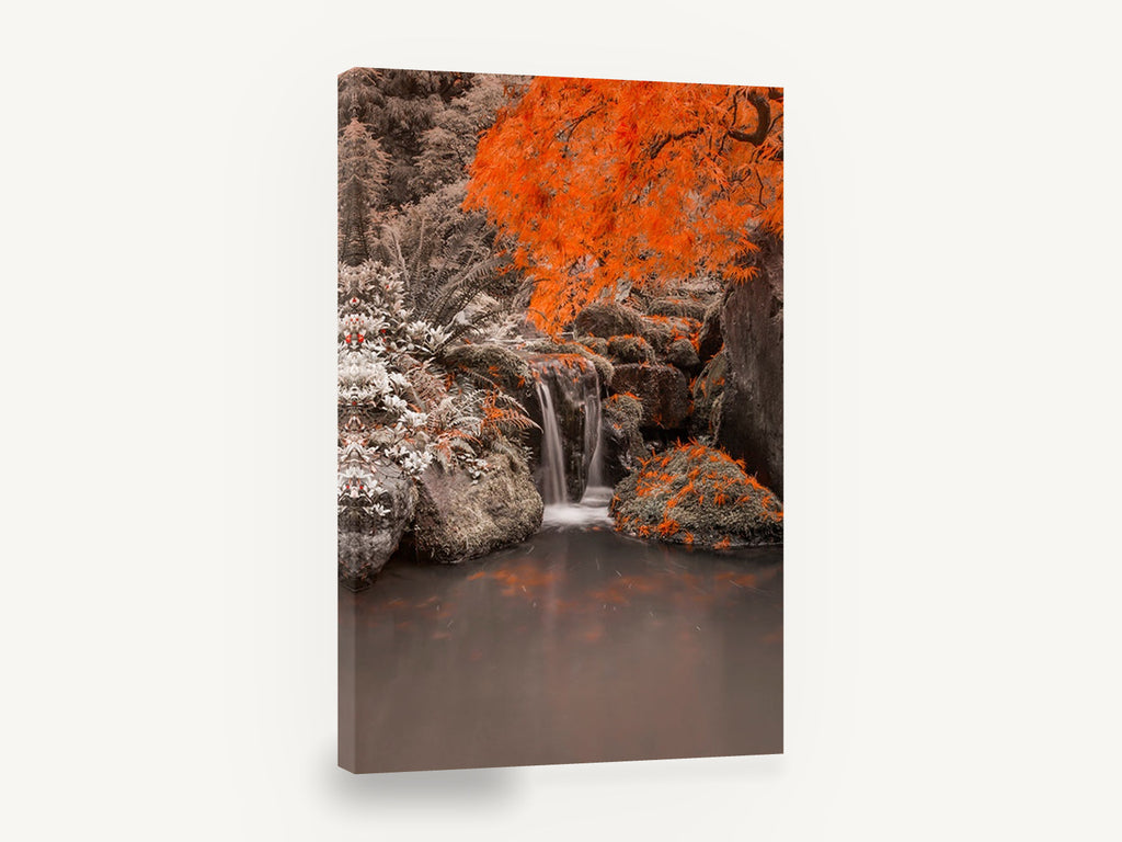 Orange Maple Waterfall, orange maple waterfall pond photograph, floral canvas wall art print ready to hang
