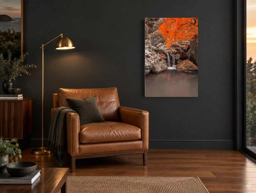 Orange Maple Waterfall floral canvas print on the wall of a charcoal living room