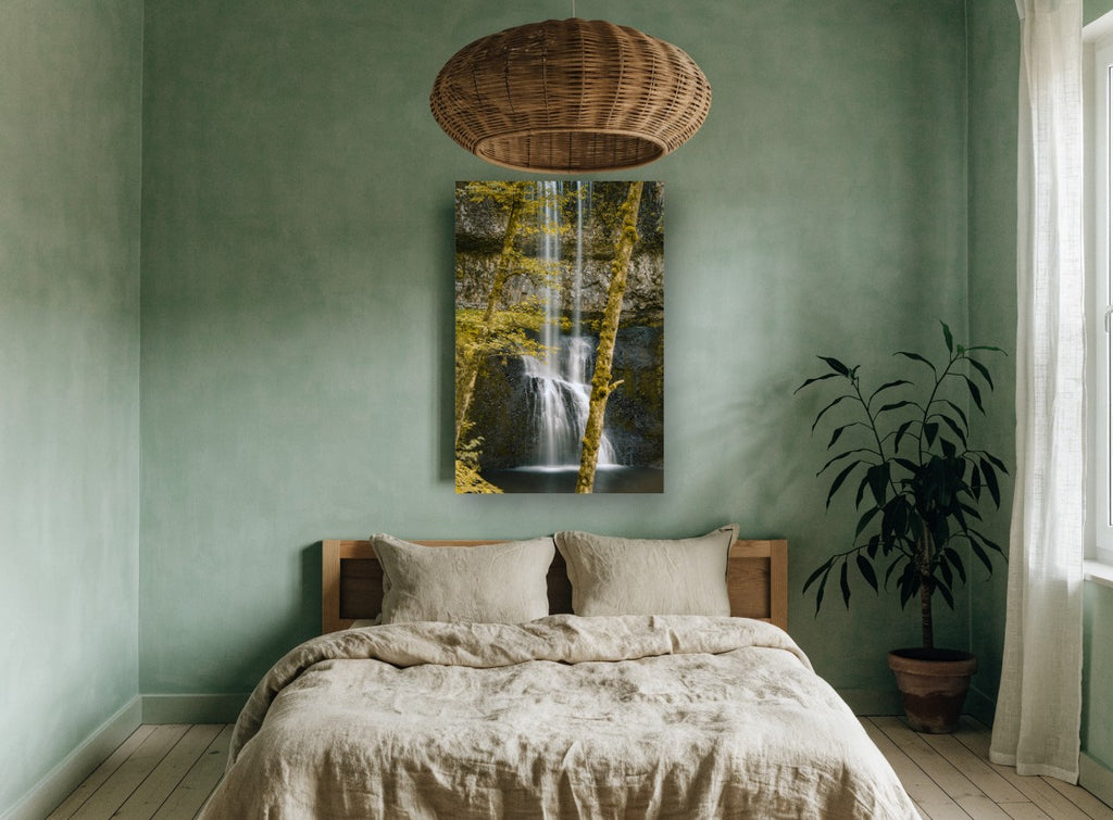 Mossy Falls Gold floral canvas print on the wall of a bedroom