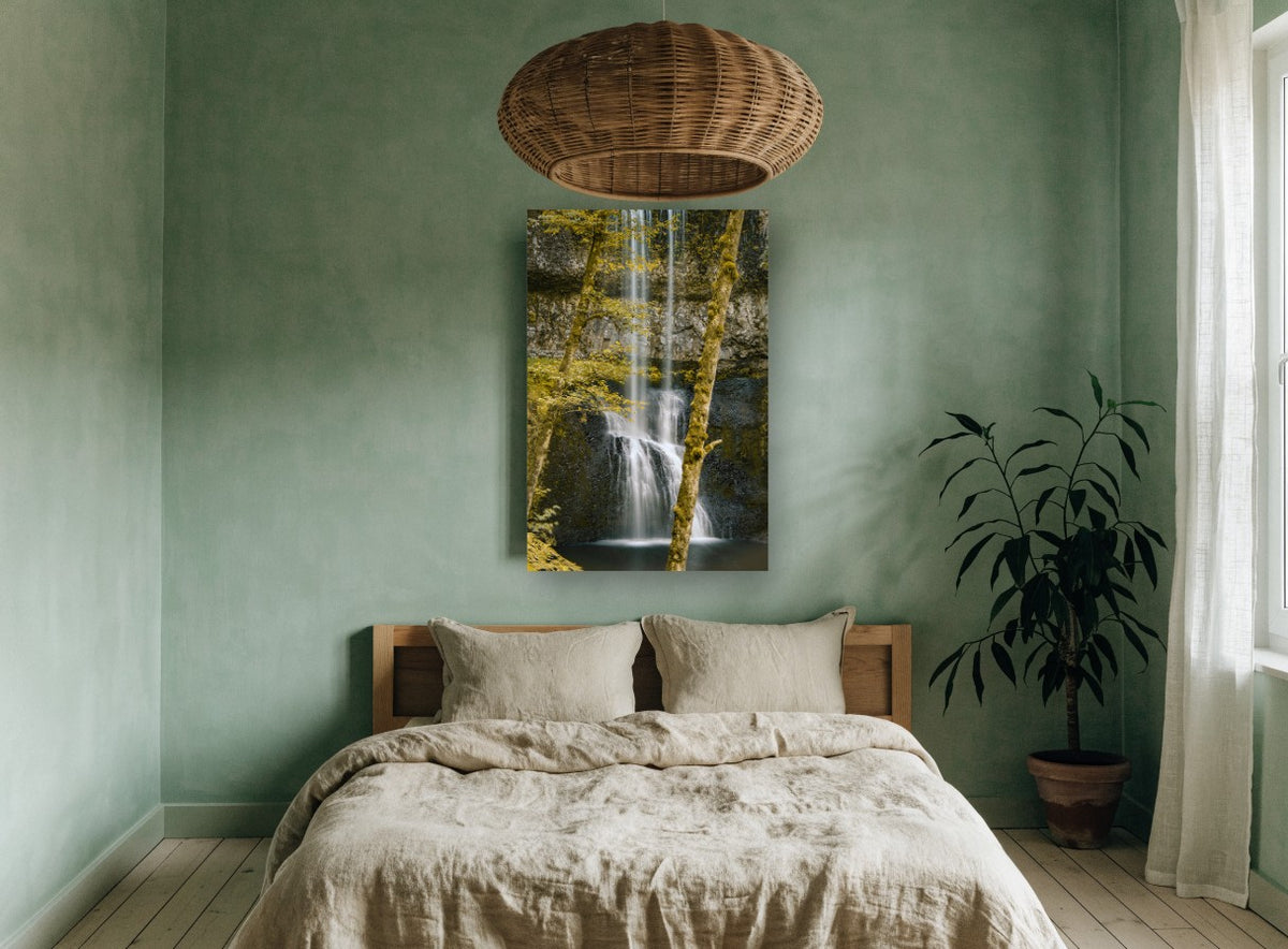 Mossy Falls Gold floral canvas print on the wall of a bedroom