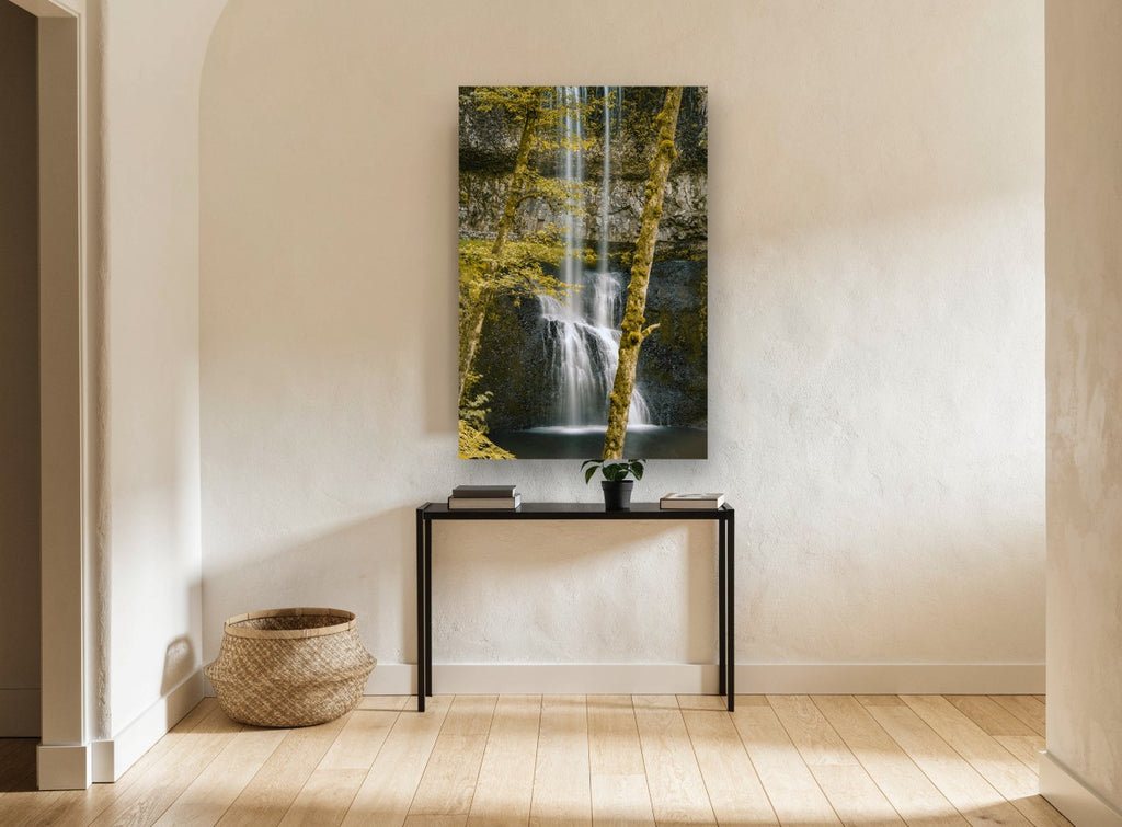 Mossy Falls Gold floral canvas print on the wall of a hallway