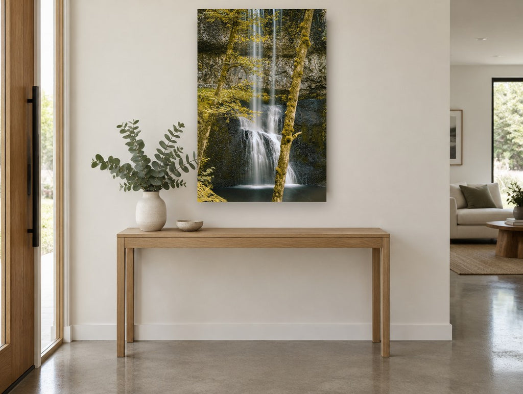 Mossy Falls Gold floral canvas print on the wall of a entry hall