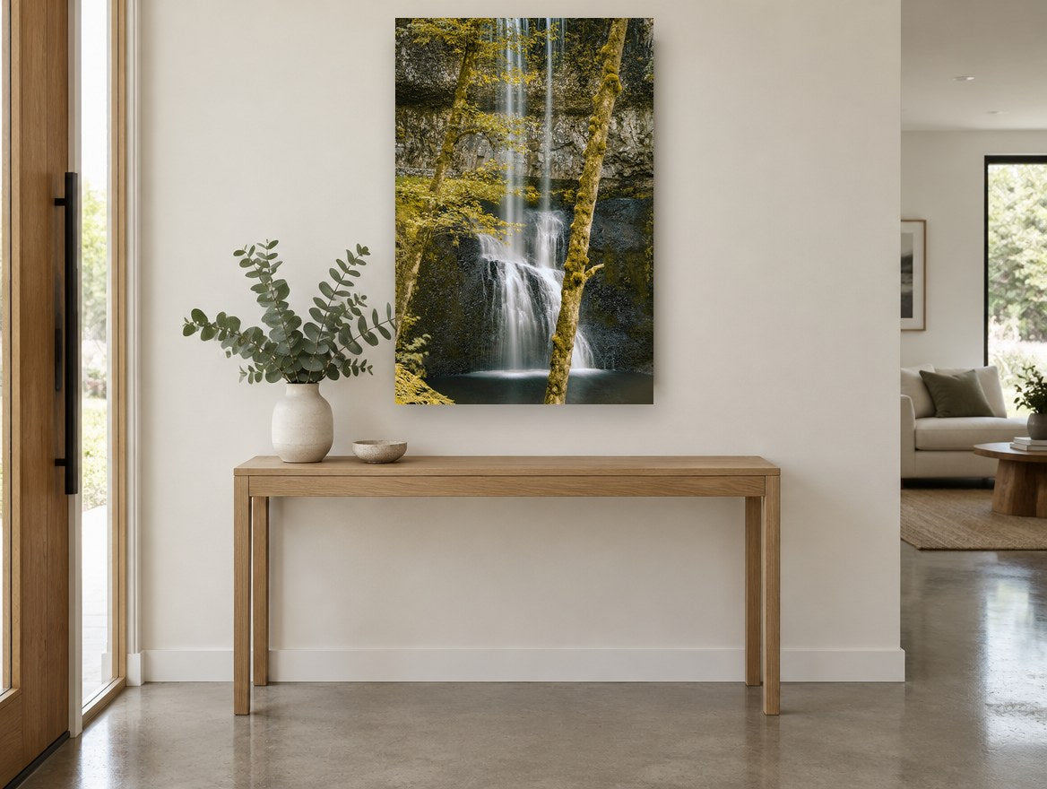 Mossy Falls Gold floral canvas print on the wall of a entry hall