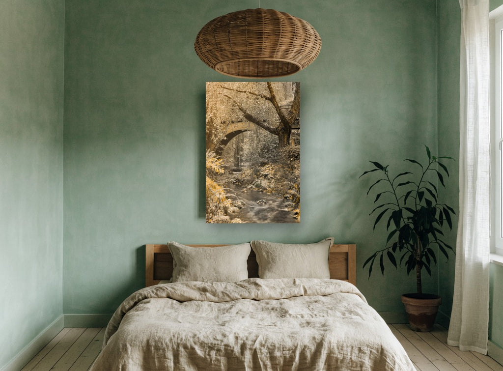 Golden Creek Bridge floral canvas print on the wall of a bedroom