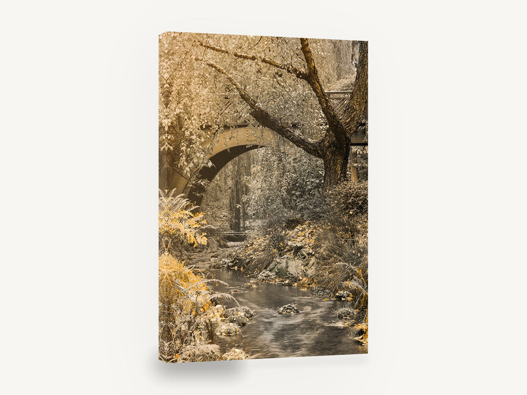 Golden Creek Bridge, creek under stone bridge sepia photograph, floral canvas wall art print ready to hang