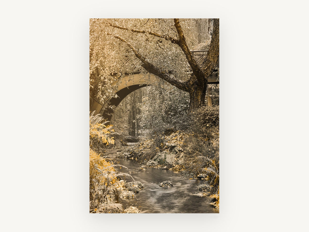 Golden Creek Bridge, floral canvas wall art print, front view