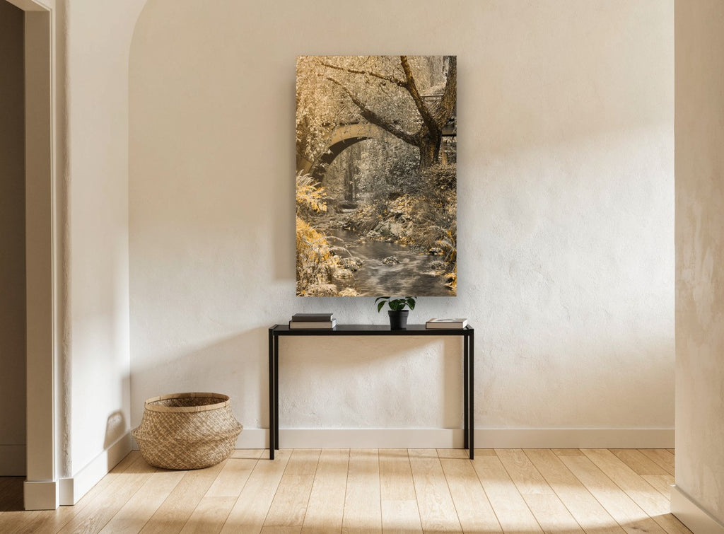 Golden Creek Bridge floral canvas print on the wall of a hallway